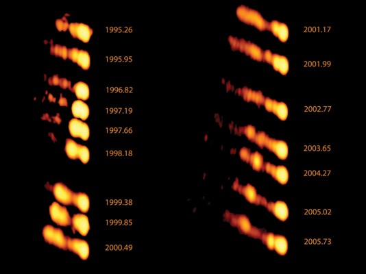 A sequence of radio images (constructed from data obtained with the Very Long Baseline Array within the 2 cm Survey / MOJAVE collaboration) of the parsec-scale jet of the broad-line radio galaxy 3C 111 during successive epochs over the years 1995 until 2005. Also today, this gamma-ray-emitting radio galaxy is still an intriguing object of study and challenges scientists of our research unit. Source: Matthias Kadler et al., 2008, The Astrophysical Journal. A sequence of radio images (constructed from data obtained with the Very Long Baseline Array within the 2 cm Survey / MOJAVE collaboration) of the parsec-scale jet of the broad-line radio galaxy 3C 111 during successive epochs over the years 1995 until 2005. Also today, this gamma-ray-emitting radio galaxy is still an intriguing object of study and challenges scientists of our research unit. Source: Matthias Kadler et al., 2008, The Astrophysical Journal, cf. the original image at the NRAO website.