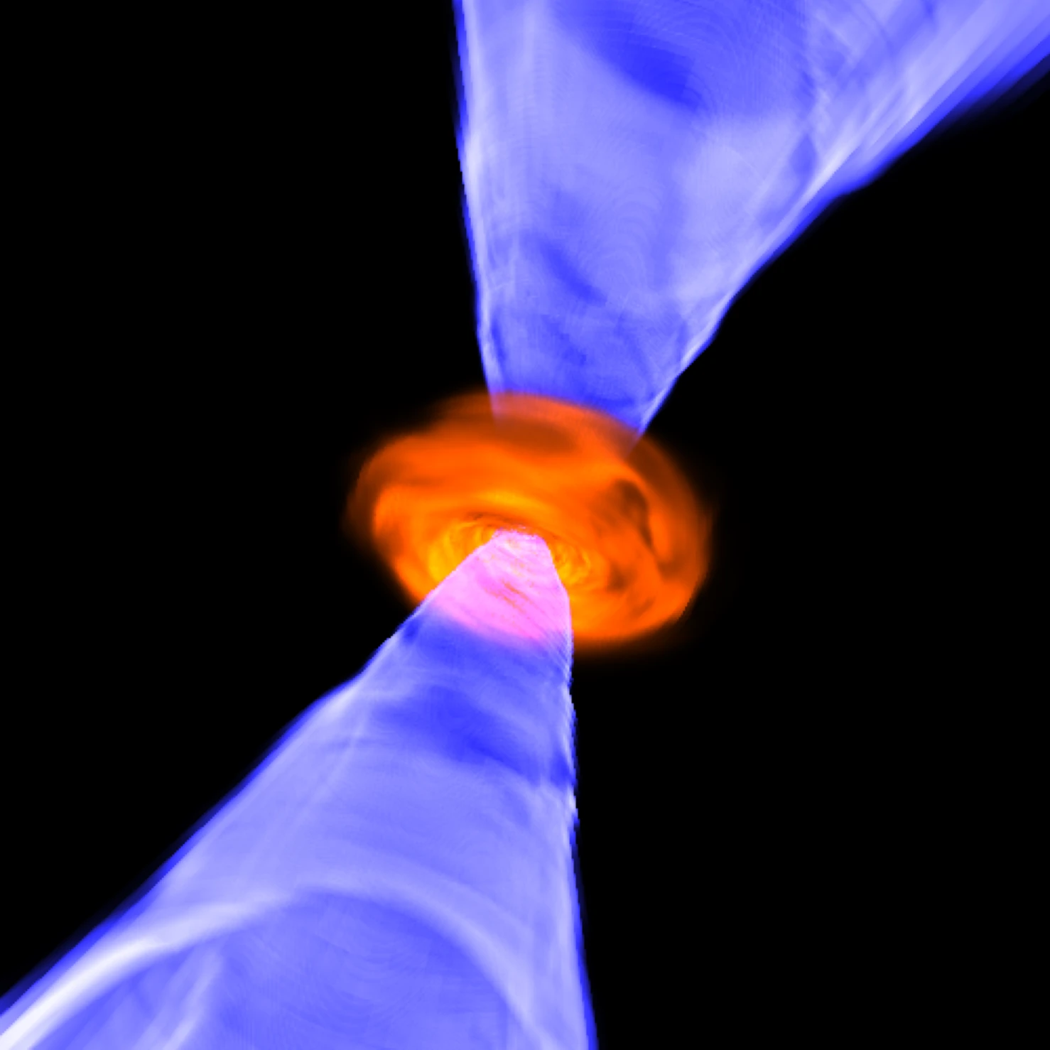 A 3D rendering of a general relativistic magnetohydrodynamic (GRMHD) simulation of jet launching from a fast spinning black hole with spin parameter a=0.94 and highly magnetised torus (magnetically arrested disk, MAD). Red and orange hues show the density of the torus and blue and white colours depict the jet. Credit: Christian Fromm